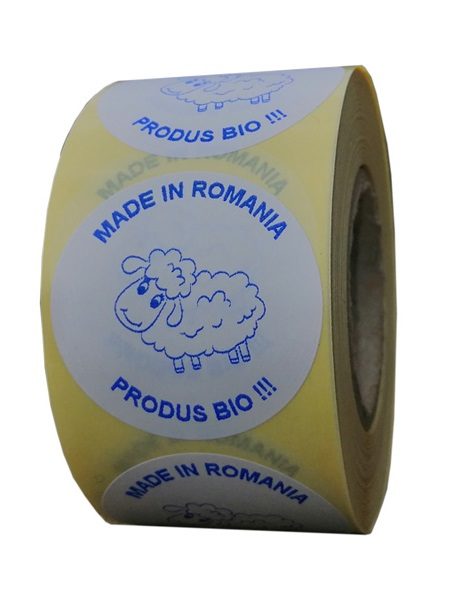 etichete rotunde albe cu text albastru 40mm pentru bio 1