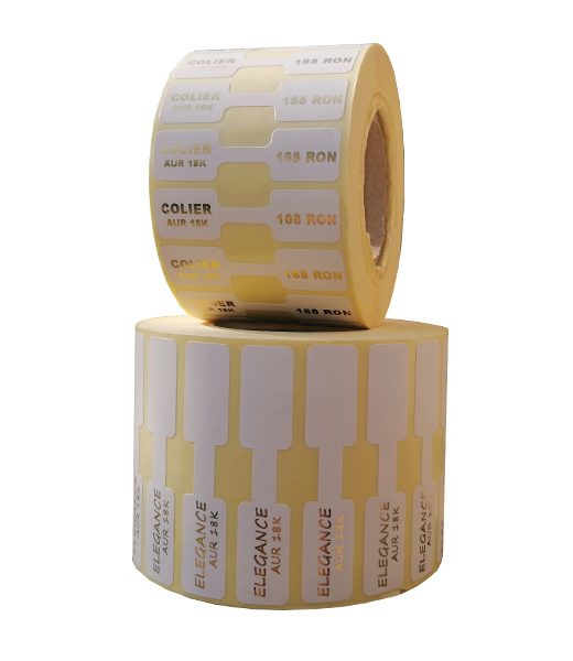 Role personalizate de etichete pentru bijuterii imprimate cu text auriu, 63x13mm, 1000 etichete rola - 2 role